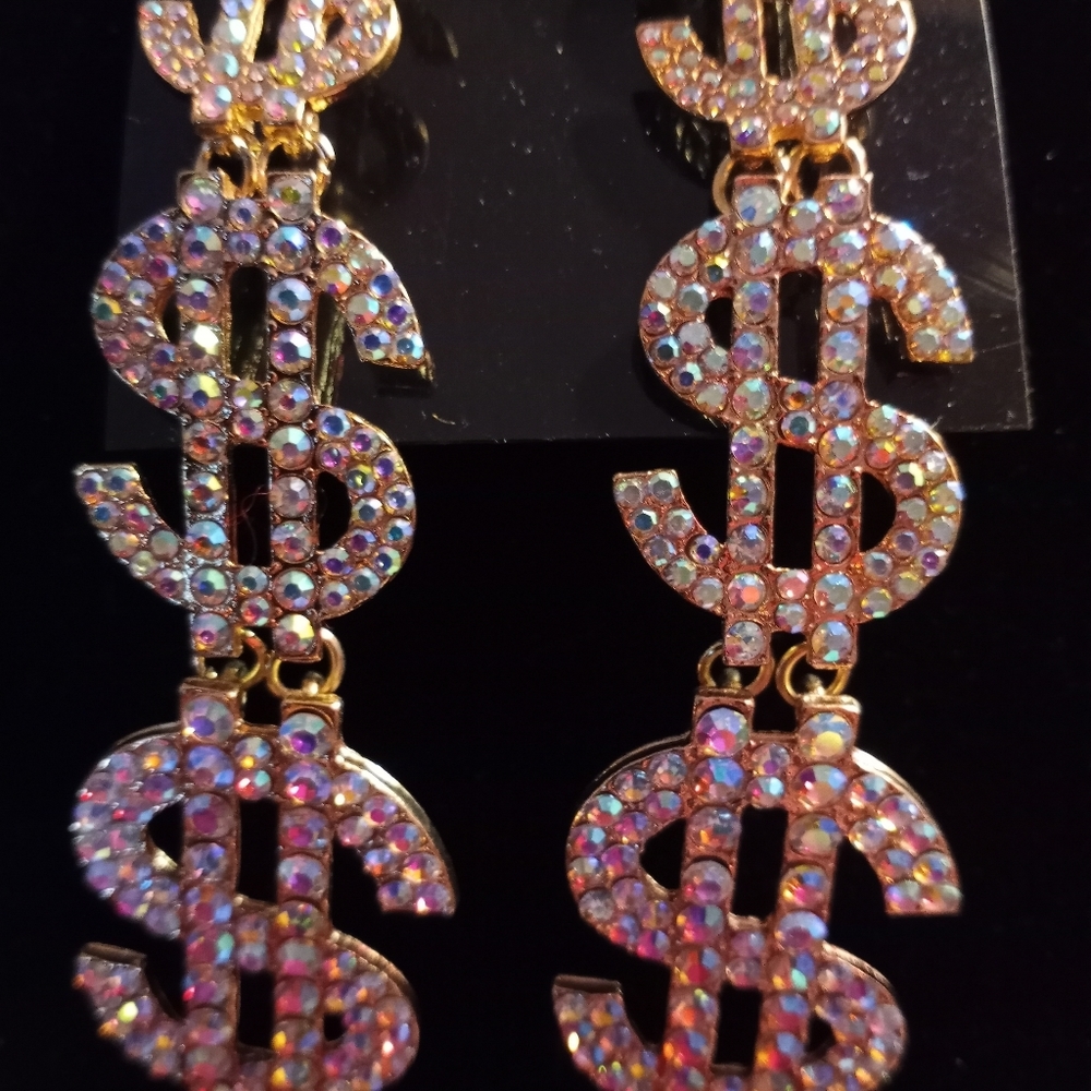 Crystal Dollar Sign Dangle Earrings for Women Mone